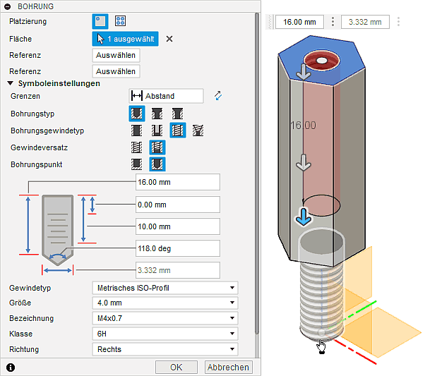 Software CAD - Fusion-Tutorial - Distanzstueck - Platzierte Elemente - Gewindebohrung.gif