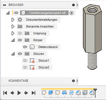 Software CAD - Fusion-Tutorial - Distanzstueck - Platzierte Elemente - Komplett in Zeitleiste.gif
