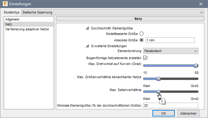 Datei:Software CAD - Tutorial - 2D Komponente - Belastung - Belastungsanalyse - erweiterte Netzeinstellung bei Verfeinerung.gif