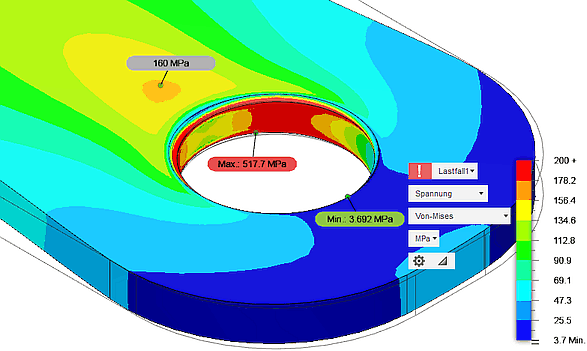 Datei:Software CAD - Tutorial - 2D Komponente - Belastung - Deformation - Mises-Maximum mit Loch-Z-Deform.gif