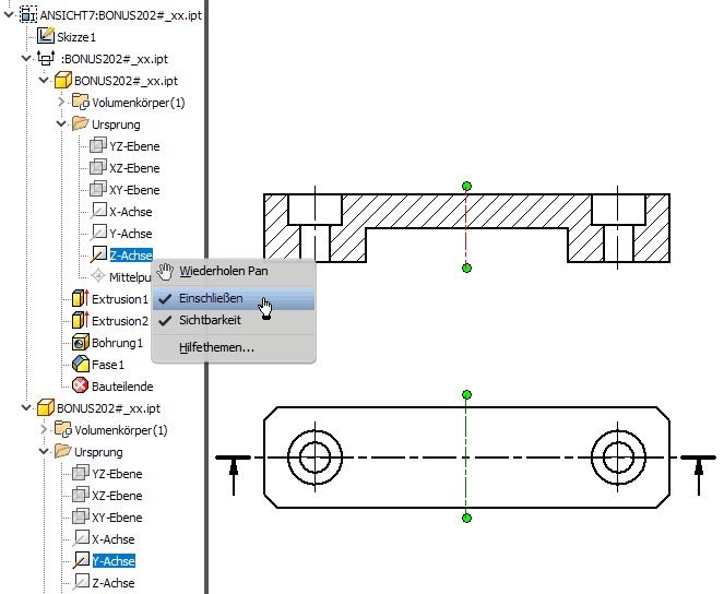 Software CAD - Tutorial - BONUS - Zeichnungsansichten - Mittellinien Koerper mit Ursprungachsen.gif