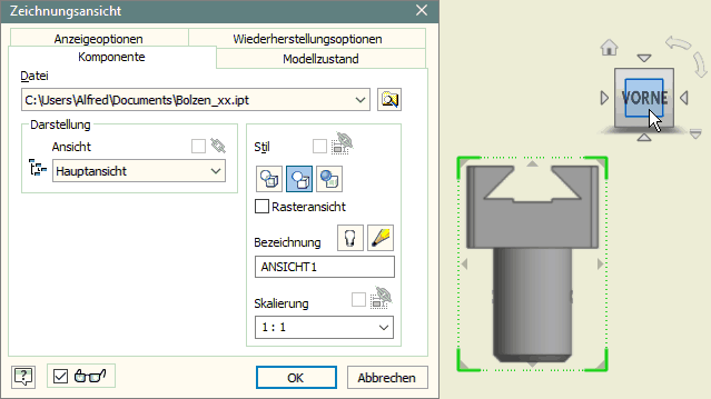 Software CAD - Tutorial - Bauteil - zeichnungsansichten - erstansicht konfigurieren.gif