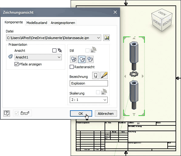 Software CAD - Tutorial - Intro - Distanzstueck - Baugruppe - Zeichnung Erstansicht.gif
