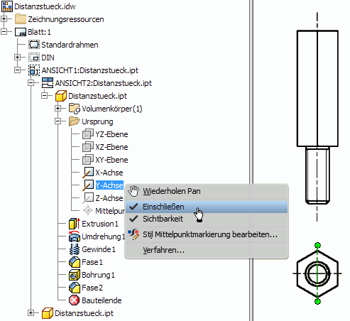 Datei:Software CAD - Tutorial - Intro - Distanzstueck - Zeichnungsansichten - Mittellinien Achsen eingeschlossen.gif