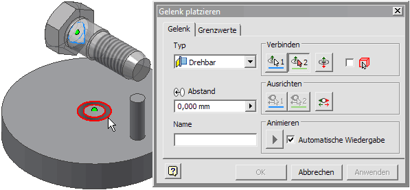 Datei:Software CAD - Tutorial - Kinematik - Gelenk platzieren Schraube-Rad.gif