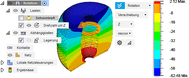 Datei:Software FEM - Tutorial - 3D-Baugruppe - Belastungsanalyse Lastfaelle Rotation Ergebnis Verschiebung Z.gif