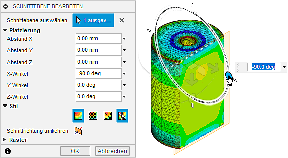 Datei:Software FEM - Tutorial - 3D-Baugruppe - CAD-Belastungsanalyse Postprocessing Schnittebene Ausgangsebene Drehen um 90grad.gif