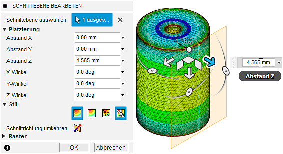 Datei:Software FEM - Tutorial - 3D-Baugruppe - CAD-Belastungsanalyse Postprocessing Schnittebene verschieben an Mantel.gif