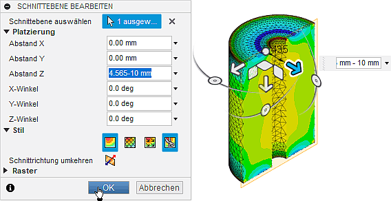 Datei:Software FEM - Tutorial - 3D-Baugruppe - CAD-Belastungsanalyse Postprocessing Schnittebene verschieben um Radius.gif
