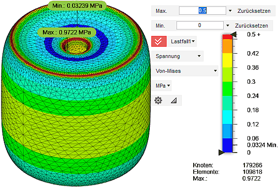 Datei:Software FEM - Tutorial - 3D-Baugruppe - CAD-Belastungsanalyse Preprocessing Mises-Spannung im Gummi Netz besser.gif