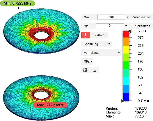 Datei:Software FEM - Tutorial - 3D-Baugruppe - CAD-Belastungsanalyse Preprocessing Mises-Spannung in Scheiben Netz pro Teil.gif