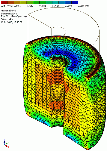 Software FEM - Tutorial - 3D-Mechanik - Belastungsanalyse - ergebnis-mises im schnitt fein.gif