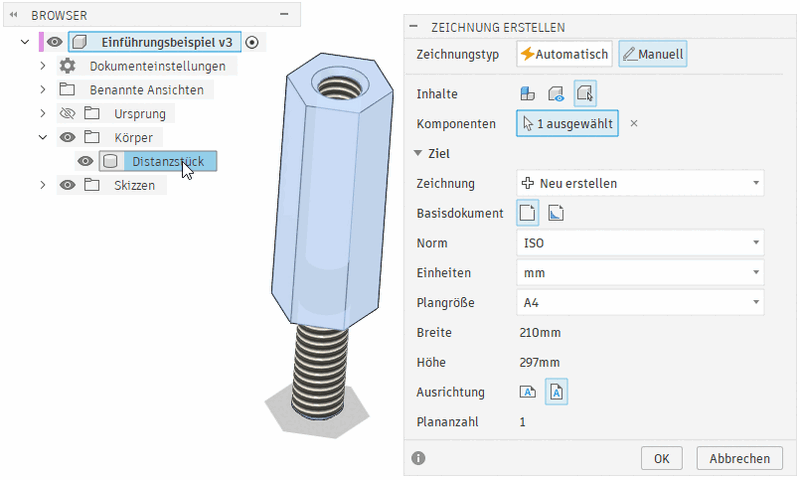 Datei:Software CAD - Fusion-Tutorial - Distanzstueck - Zeichnungsansichten - Zeichnung auswaehlen Distanzstueck.gif